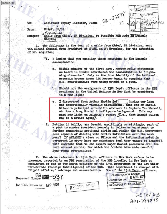 CABLE FROM CHIEF - SR DIVISION POSSIBLE KGB ROLE IN SR SLAYING - MAXWELL SOVIET INTELLIGENCE